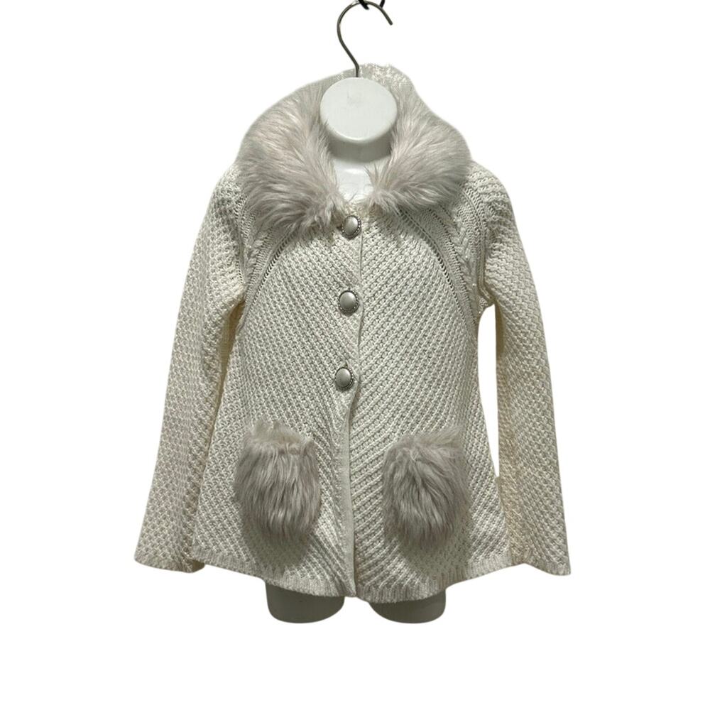 Girls Ivory Tahari sweater cardigan faux fur faux pearl buttons vintage style 3T